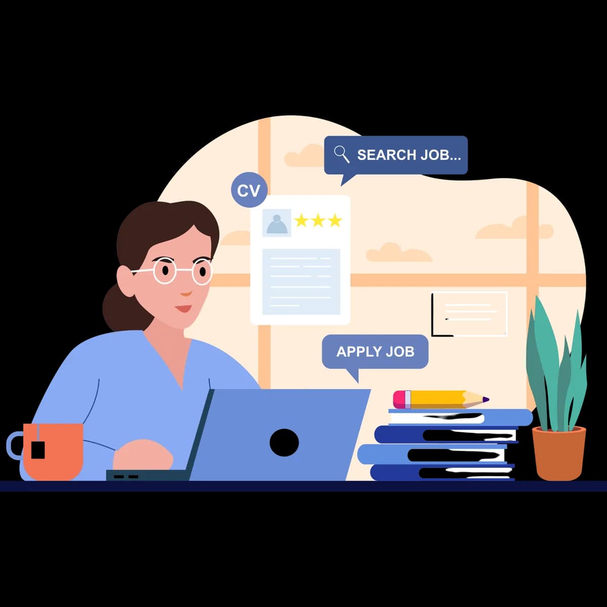 Illustration of a candidate searching and applying for jobs online