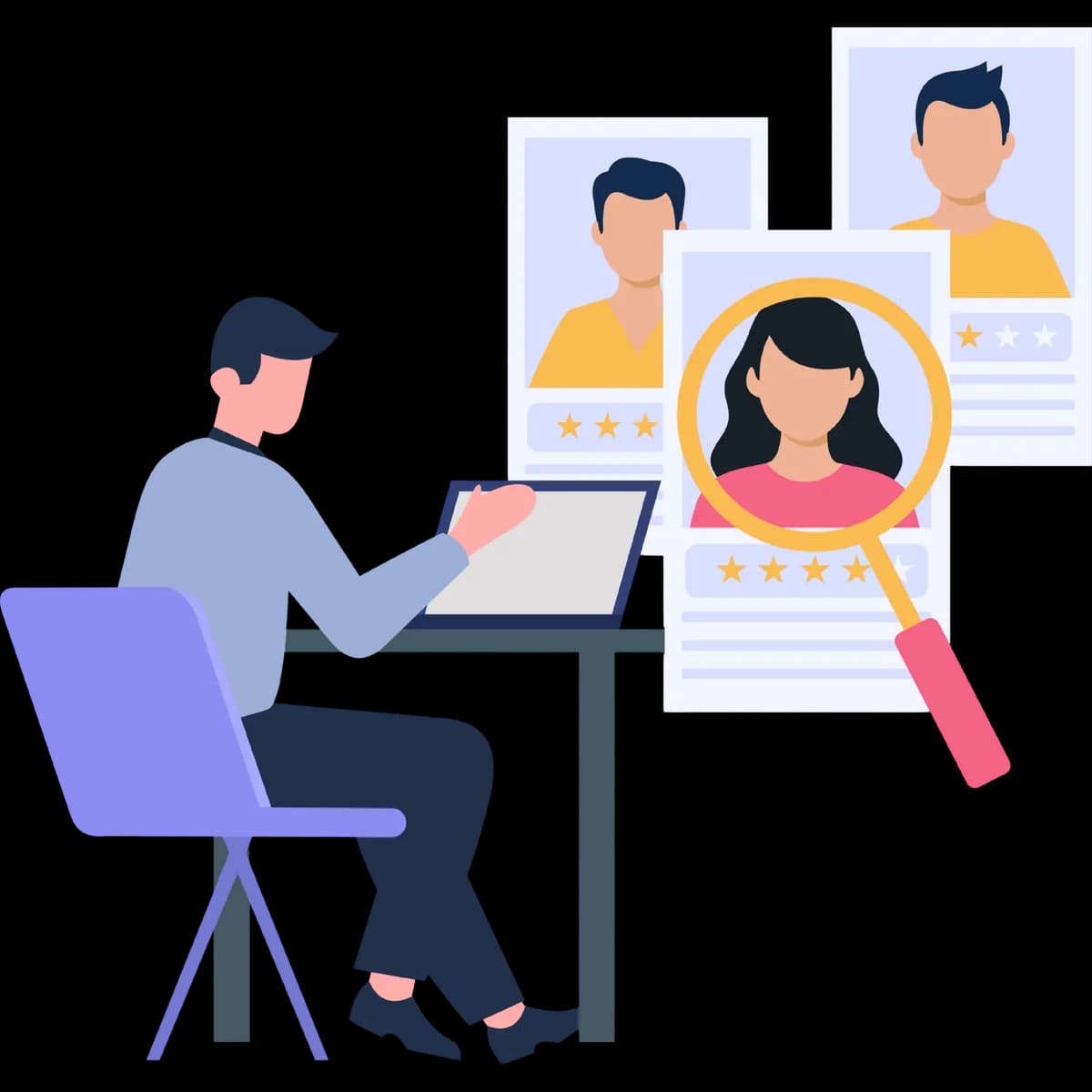Illustration of a recruiter reviewing candidate profiles
